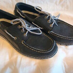 Men's Gently Worn Sperry 2 eye breathable boat shoes size 8.5M Black and Silver